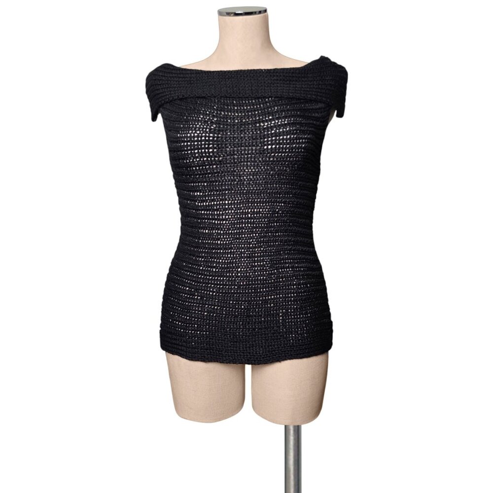 Vintage 90's Y2K POW WOW  Black Silk Sleeveless Chunky Knit Sweater Top Boatneck